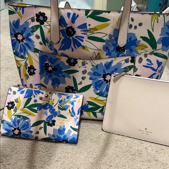 Kate Spade Floral Tote Bag Set in Blue and Cream - Picture 1 of 5